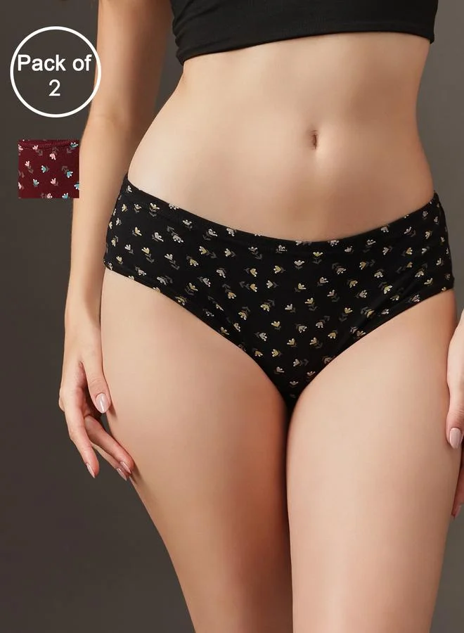 Clovia Pack of 2 - Printed Mid Waist Hipster Panties with Inner Elastic